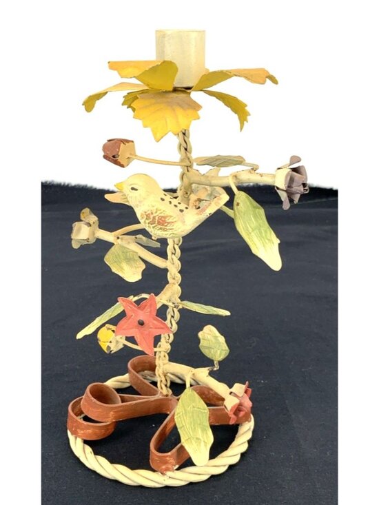 Unbranded Other - Italian Tole Candle Holder Roses Bird Flowers 9" Tall Hand Painted Metal